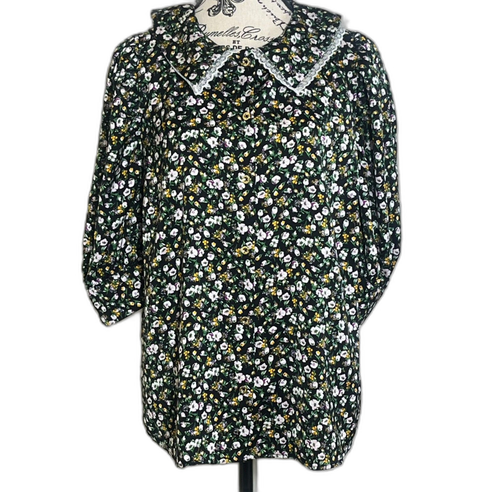 Halston Floating Ditsy Black Floral Blouse Women Peter Pan Lace NWT Large Twee